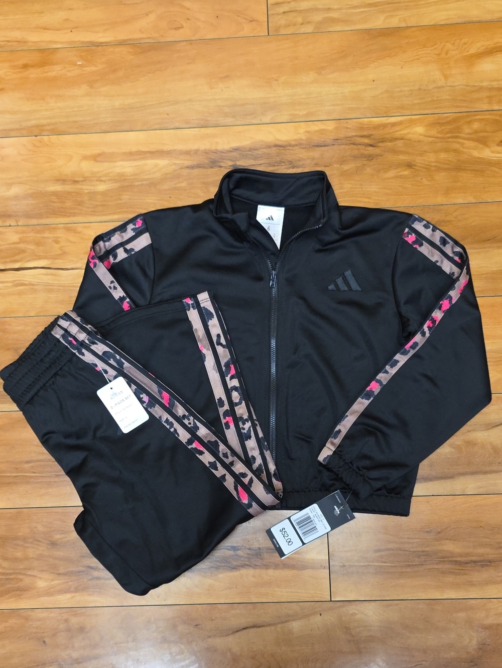 NEW Adidas Girls Tricot Tracksuit Set Black Pink Leopard Wide Leg Size 6